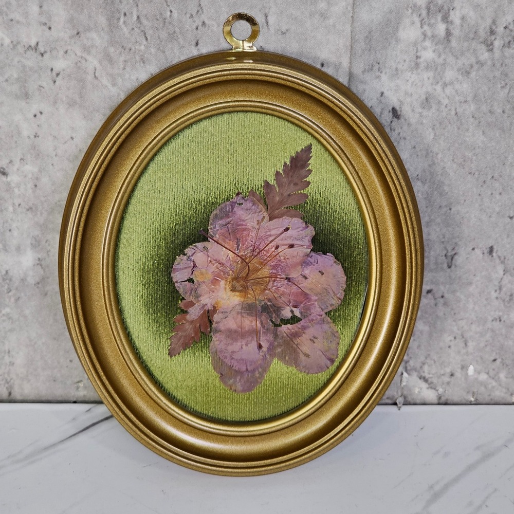Vintage Pressed Flower Art Oval Gold Frame Green Velvet Botanical Wall Decor